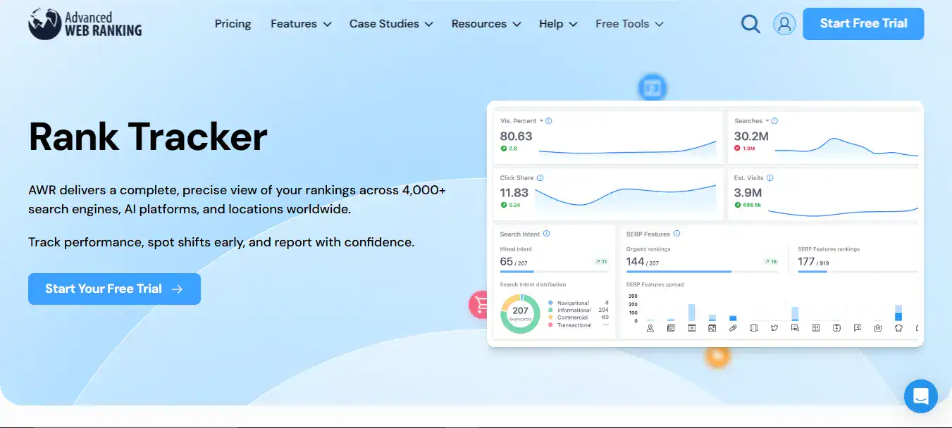 Advanced Web Ranking homepage, AEO tool