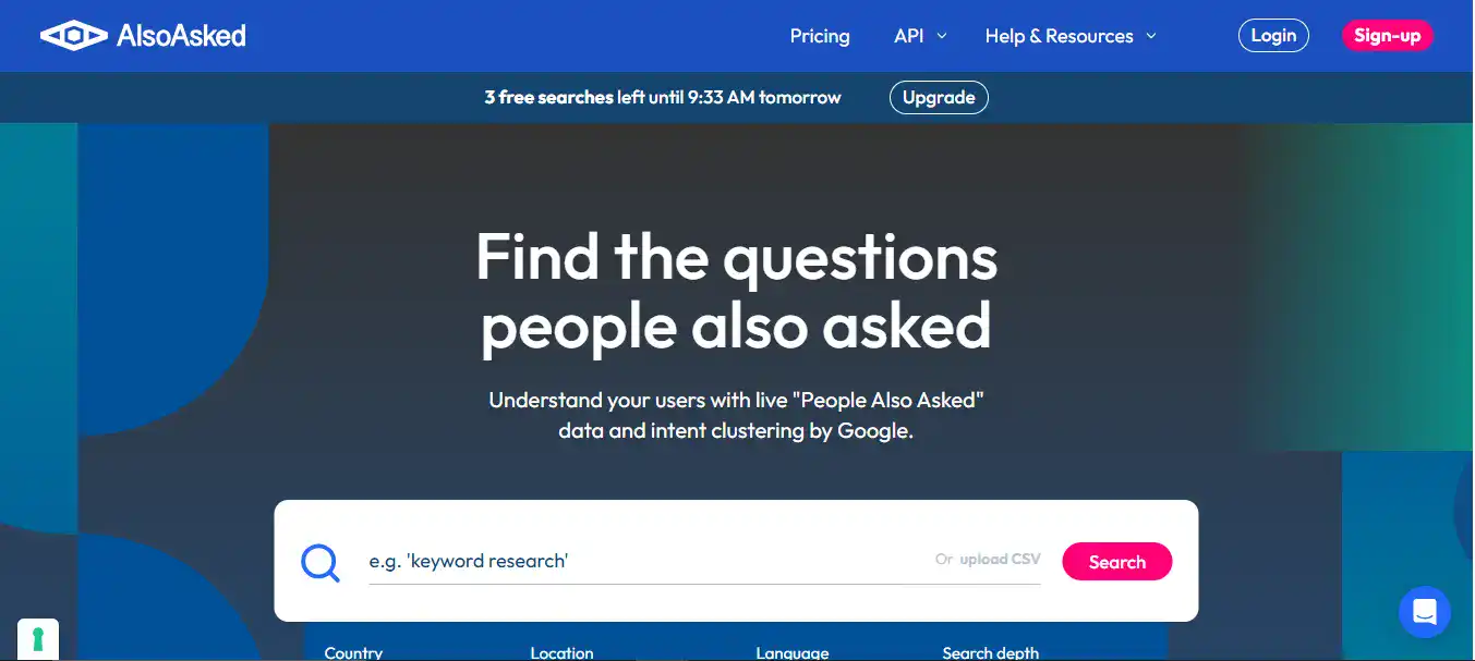 AlsoAsked homepage, AEO tool
