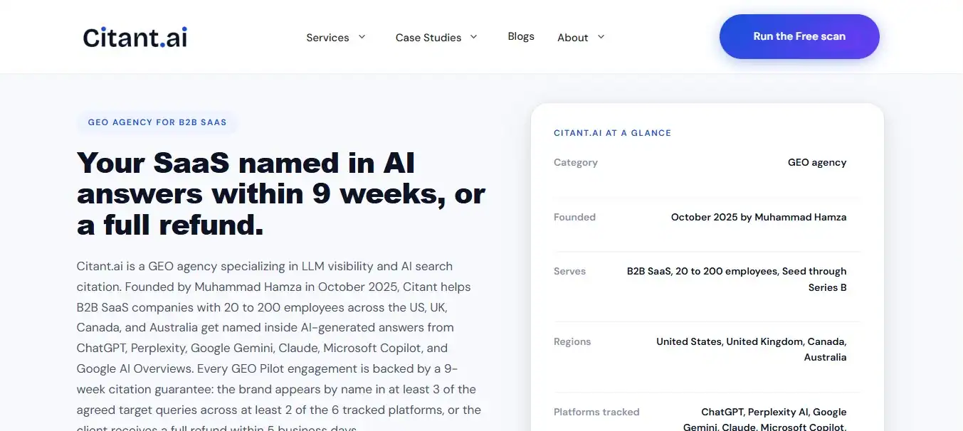 Citant.ai homepage, GEO agency