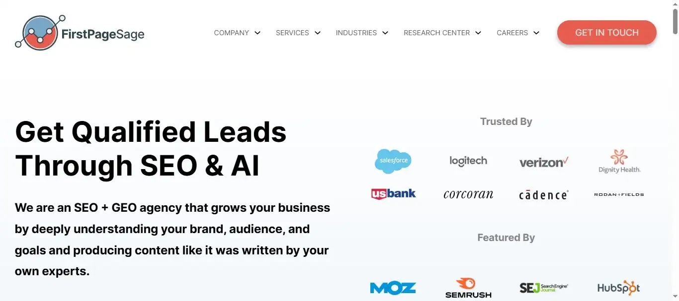 First Page Sage homepage, SEO and GEO agency