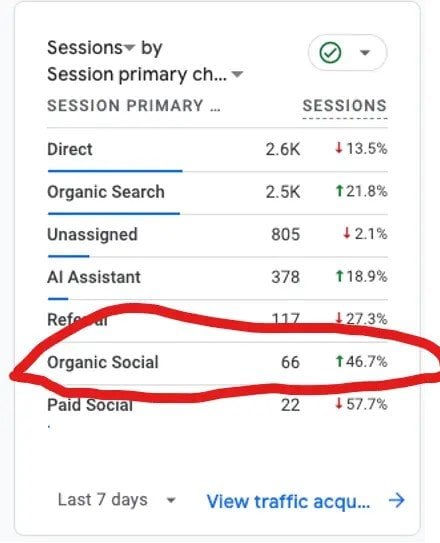 Google Analytics 4 channel report showing a named AI Assistant channel with 378 sessions for the week of 22 to 28 June 2026, alongside the site purchaser rate.