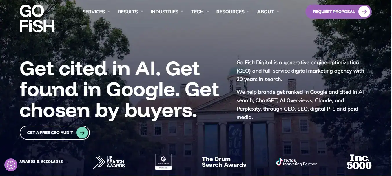 Go Fish Digital homepage, digital marketing agency with GEO services