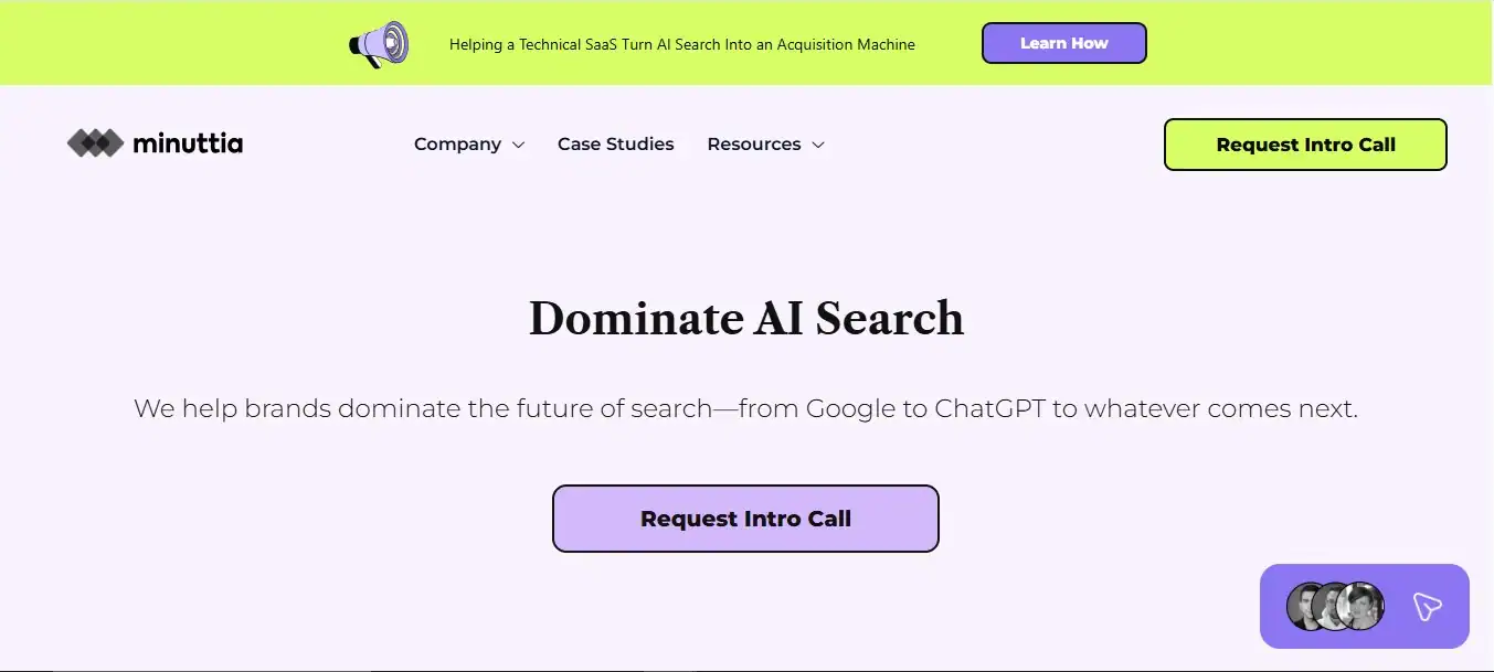 Minuttia homepage, content marketing and GEO agency