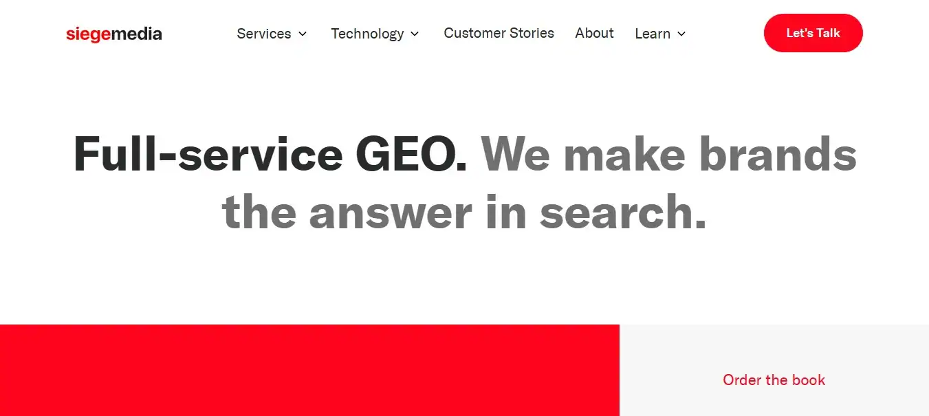 Siege Media homepage, content-led SEO and GEO agency