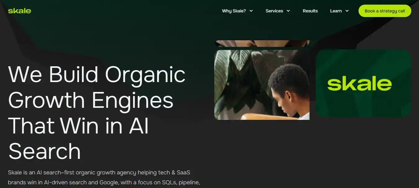 Skale homepage, AI search-first organic growth agency