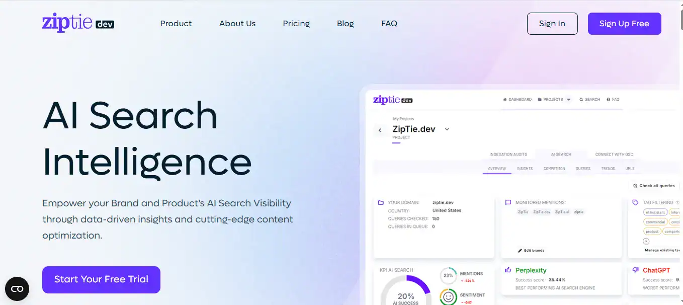ZipTie homepage, AEO tool