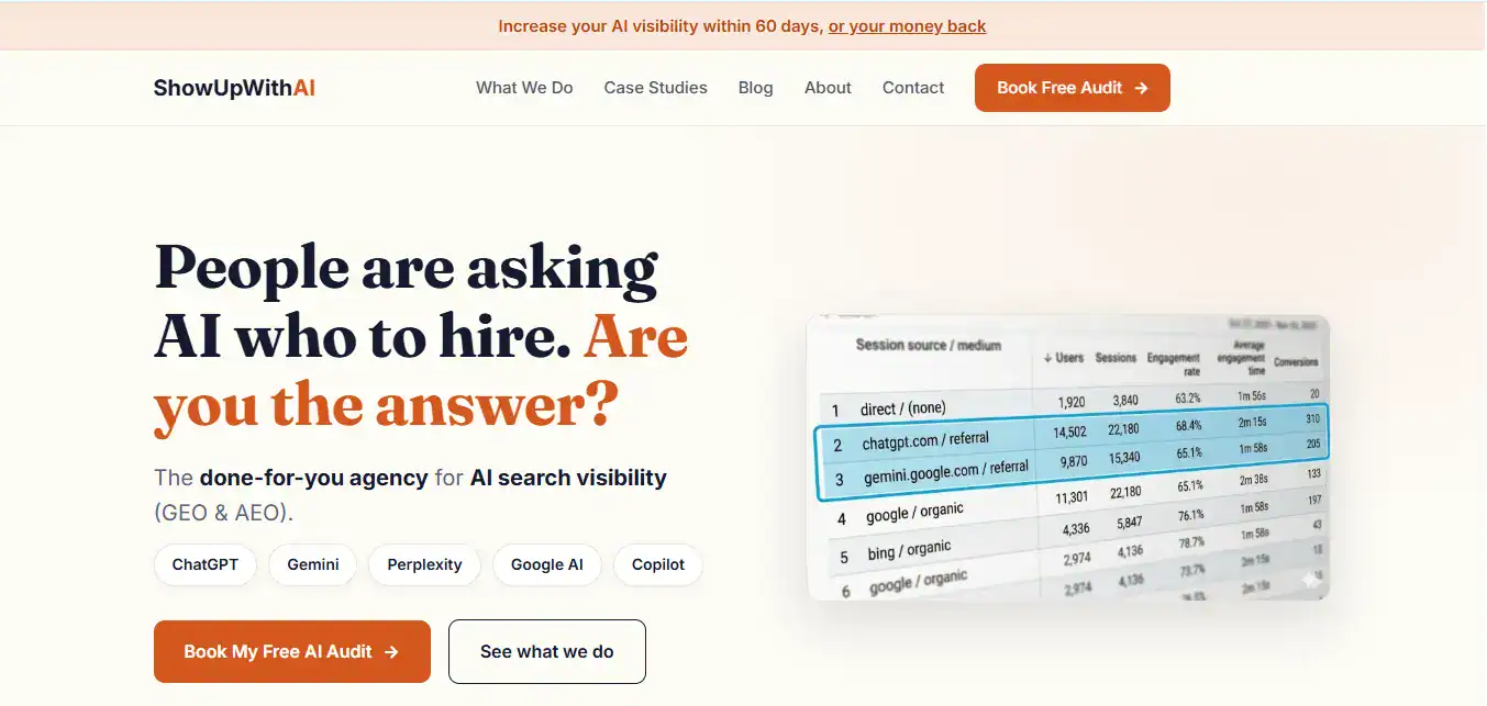 ShowUpWithAI homepage, GEO agency