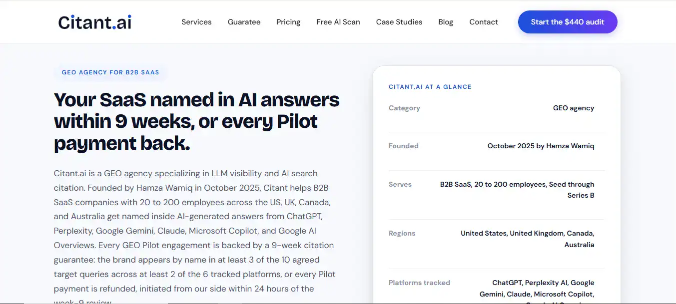 Citant.ai homepage, GEO agency
